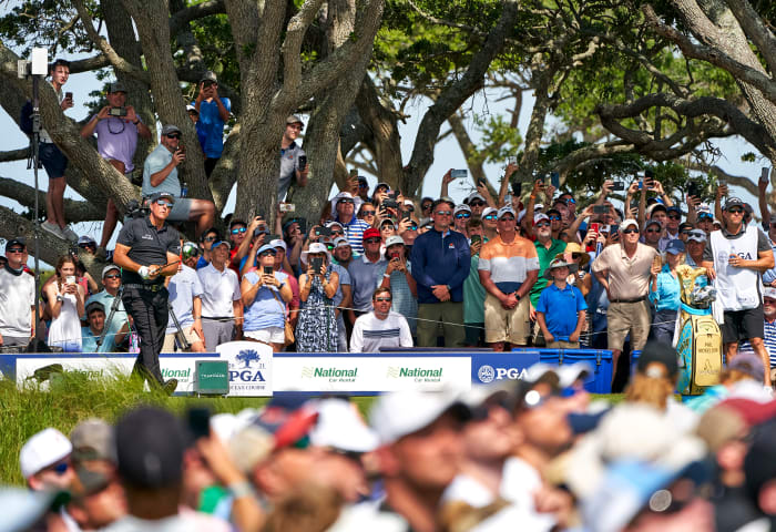 Phil Mickelson tees off at the 2021 PGA Championship.
